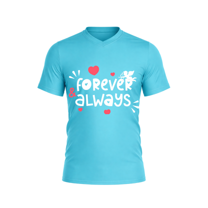 Light blue t-shirt with 'forever & always' text and heart designs on a white background