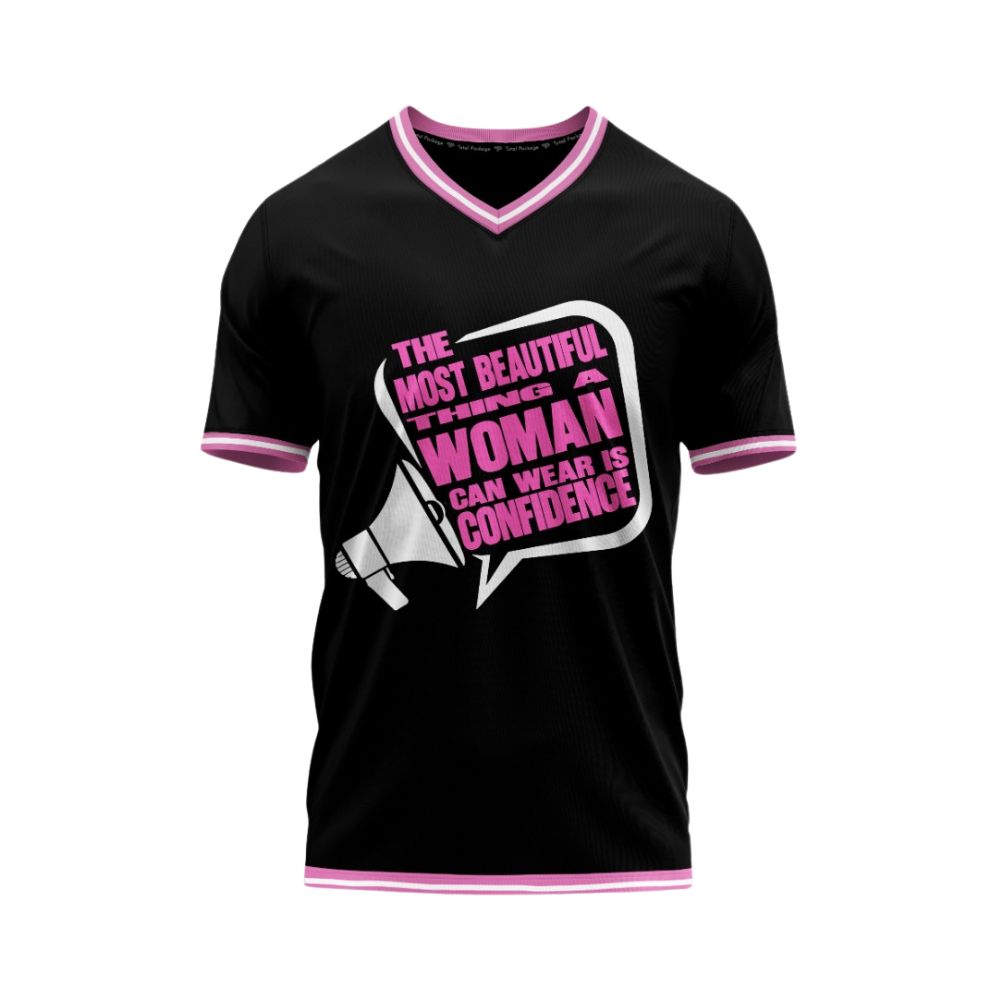 Black t-shirt with pink accents and a motivational quote on a white background