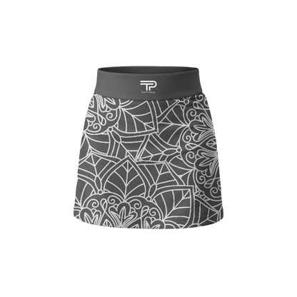 Gray patterned skirt with black waistband on a white background
