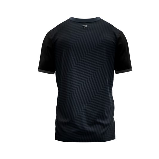 Black sports jersey with a pattern on a white background
