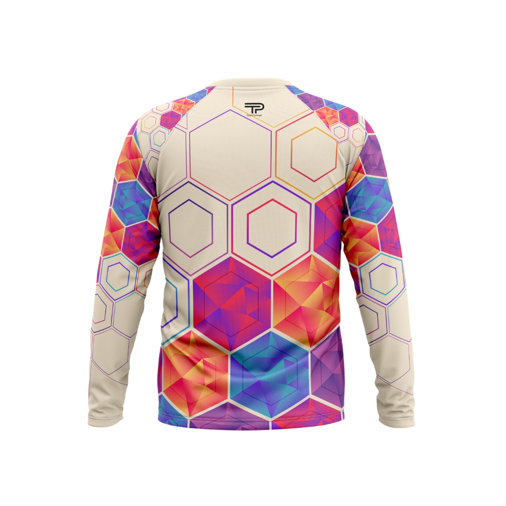 Colorful geometric patterned long-sleeve shirt on a white background