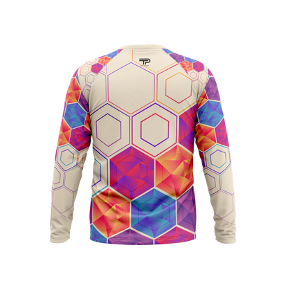 Colorful geometric patterned long-sleeve shirt on a white background