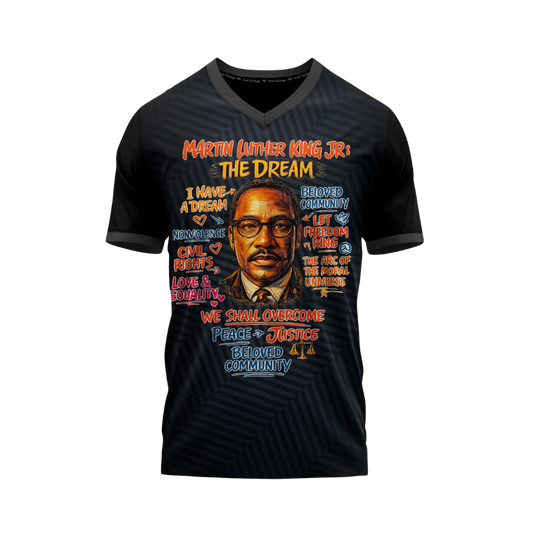 Black t-shirt with Martin Luther King Jr. graphic and text on a white background
