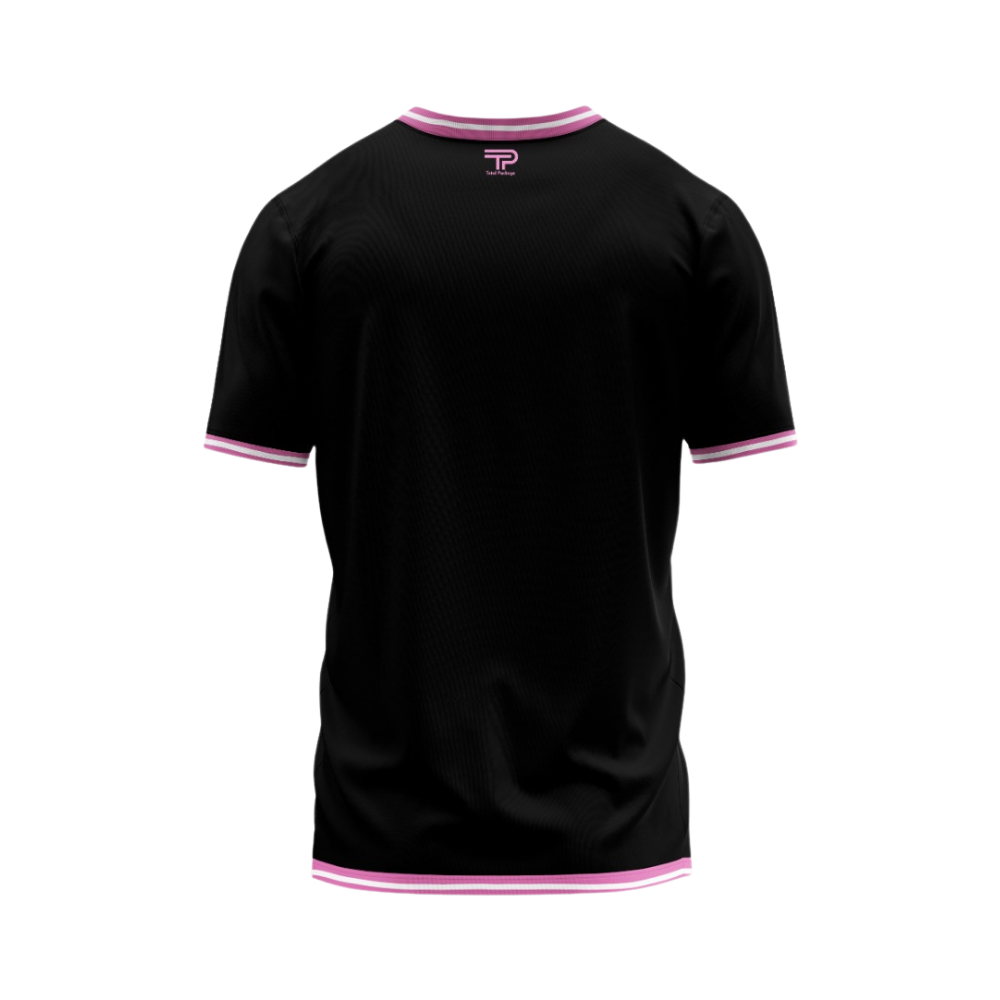 Black t-shirt with pink accents on a white background
