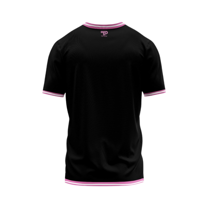 Black t-shirt with pink accents on a white background