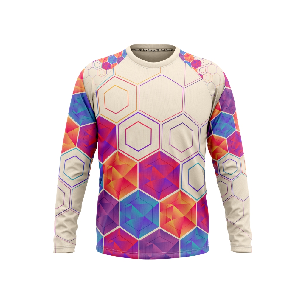 Colorful geometric patterned long-sleeve shirt on a white background
