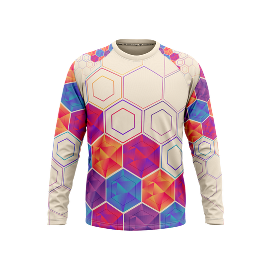 Colorful geometric patterned long-sleeve shirt on a white background