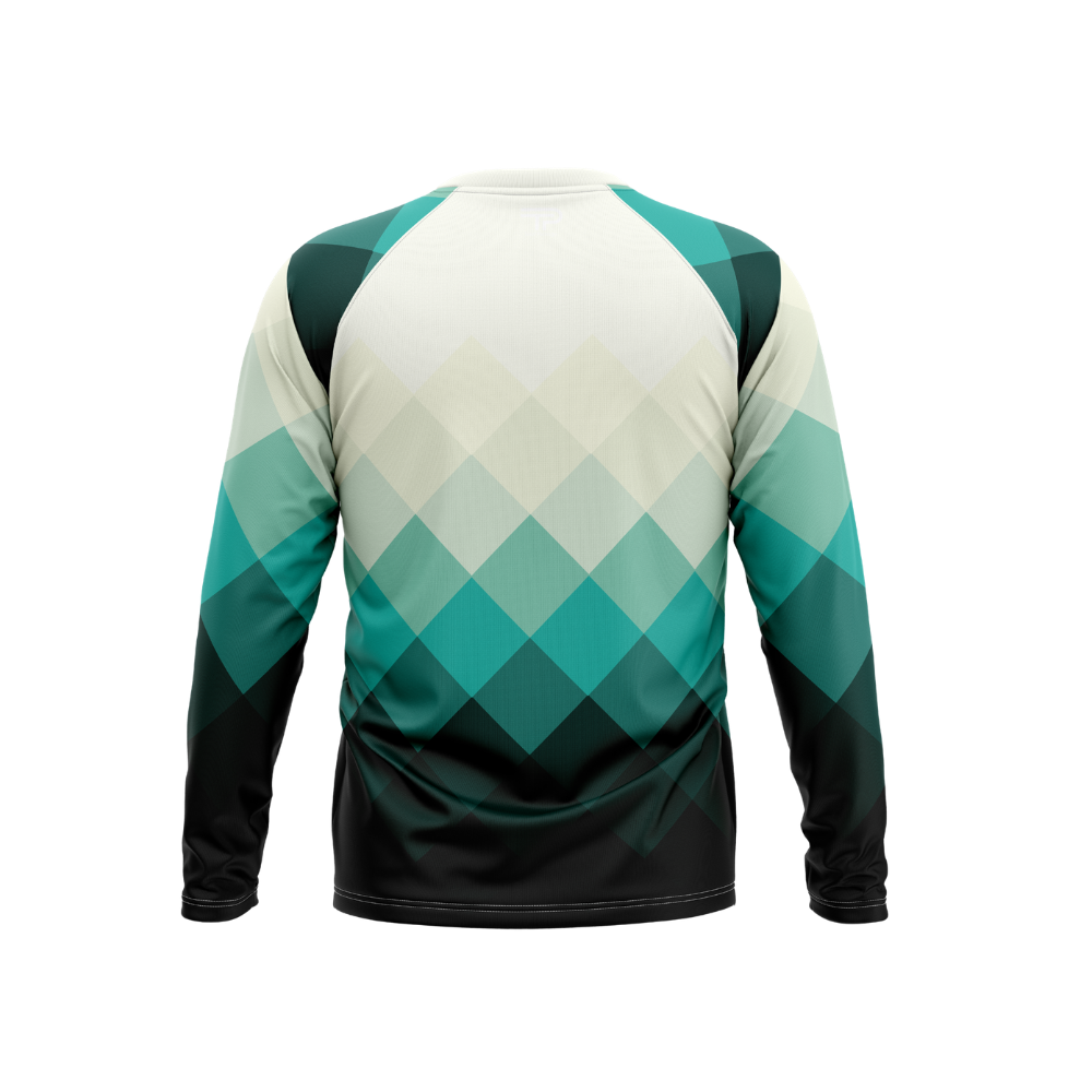 Long-sleeve shirt with green and white geometric pattern on a white background