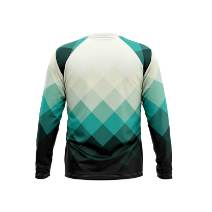 Long-sleeve shirt with green and white geometric pattern on a white background