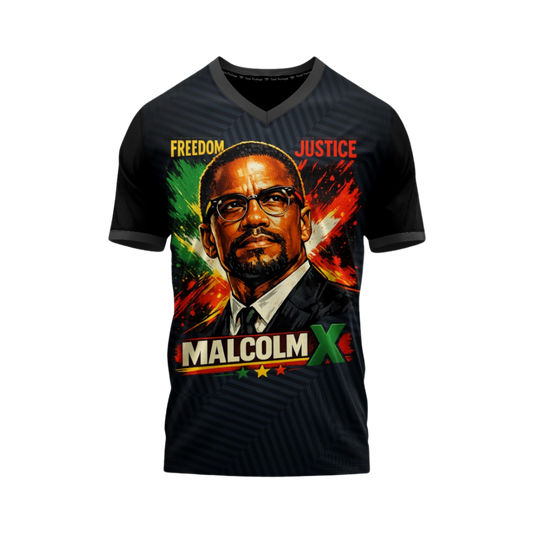 T-shirt with a graphic of Malcolm X and text on a white background