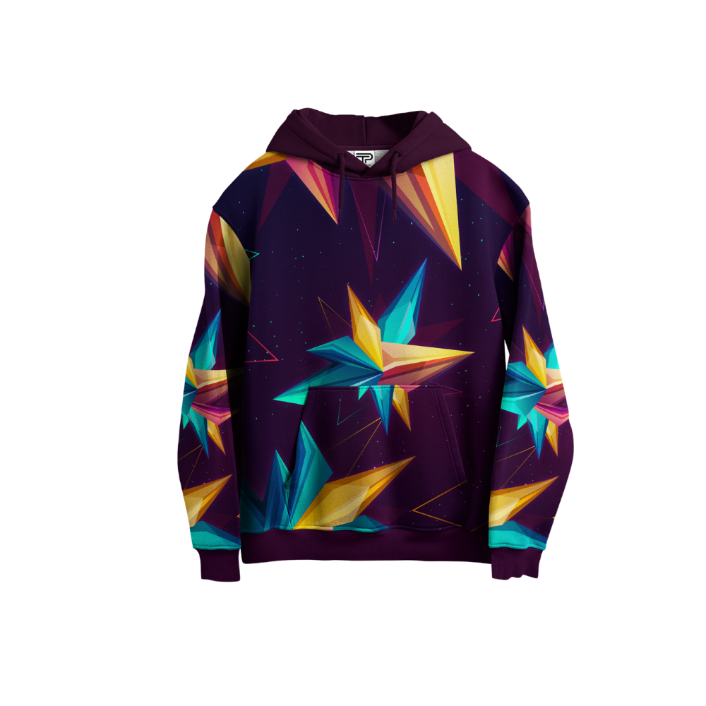Colorful geometric pattern hoodie on a white background