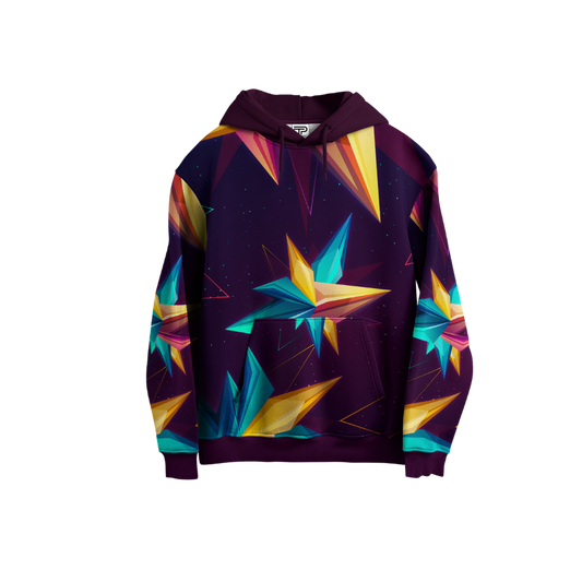 Colorful geometric pattern hoodie on a white background
