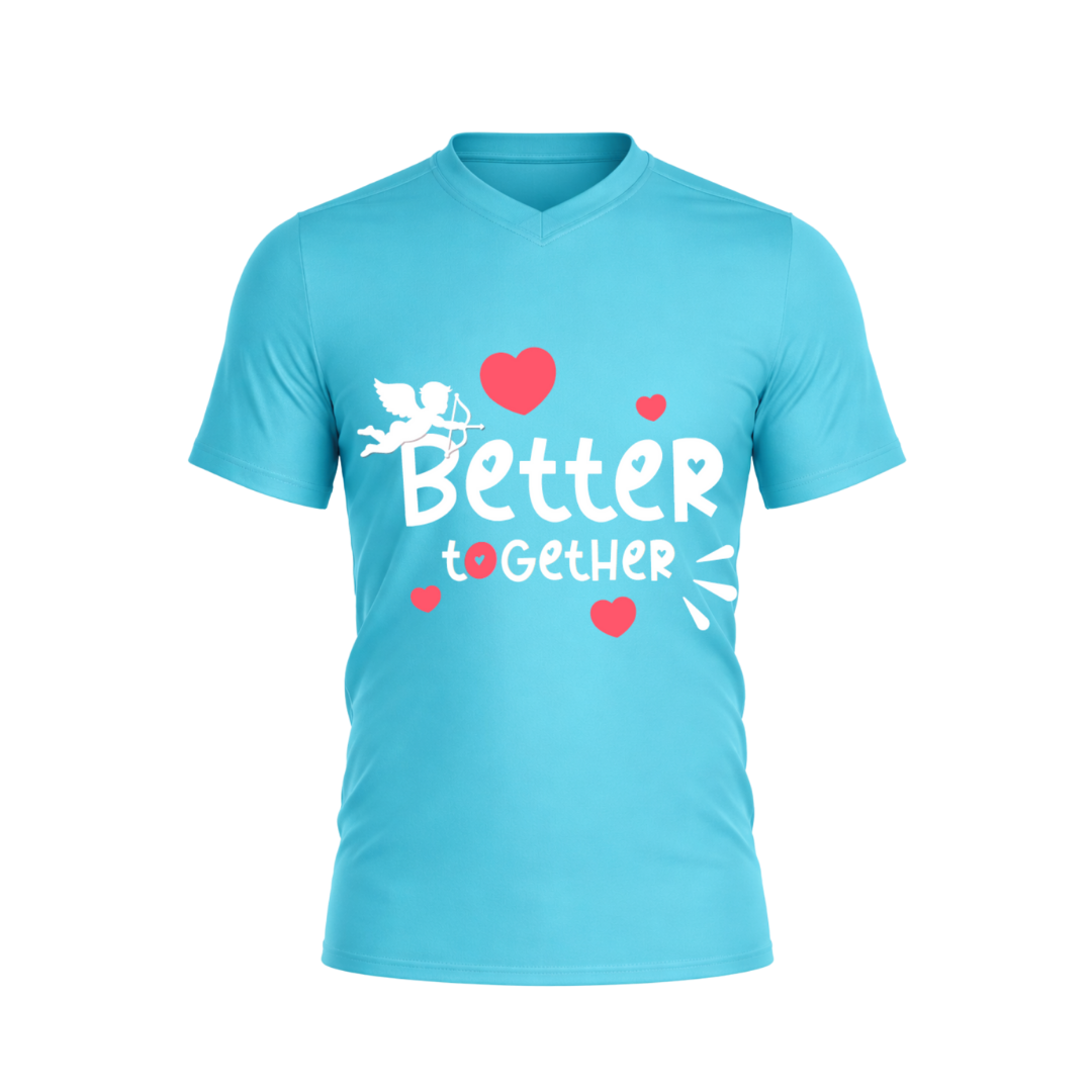 Light blue t-shirt with 'Better Together' text and heart graphics on a white background