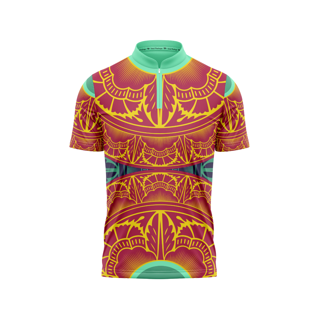 Colorful patterned shirt with a geometric design on a white background