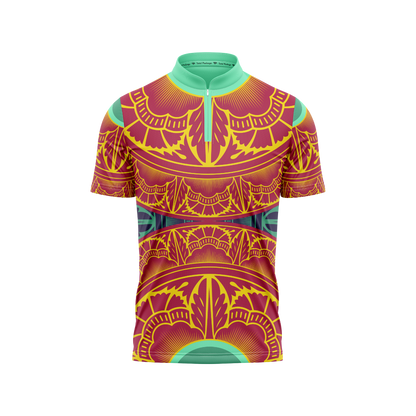 Colorful patterned shirt with a geometric design on a white background