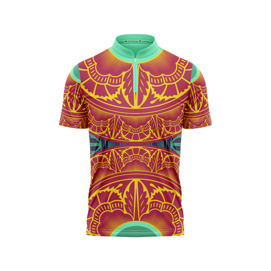 Colorful patterned shirt with a geometric design on a white background