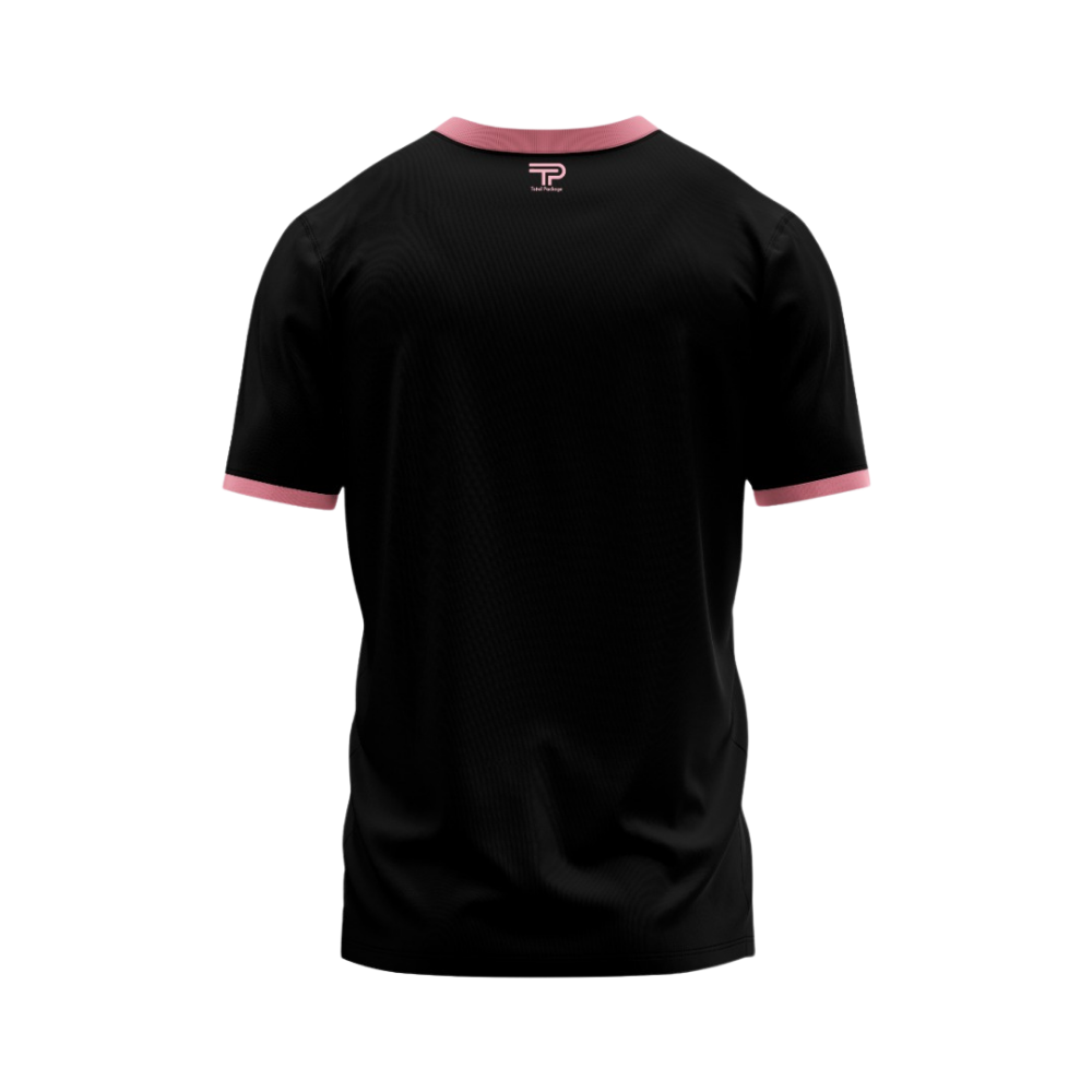 Black t-shirt with pink accents on a white background