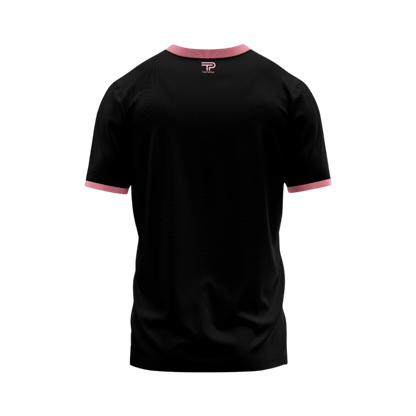 Black t-shirt with pink accents on a white background