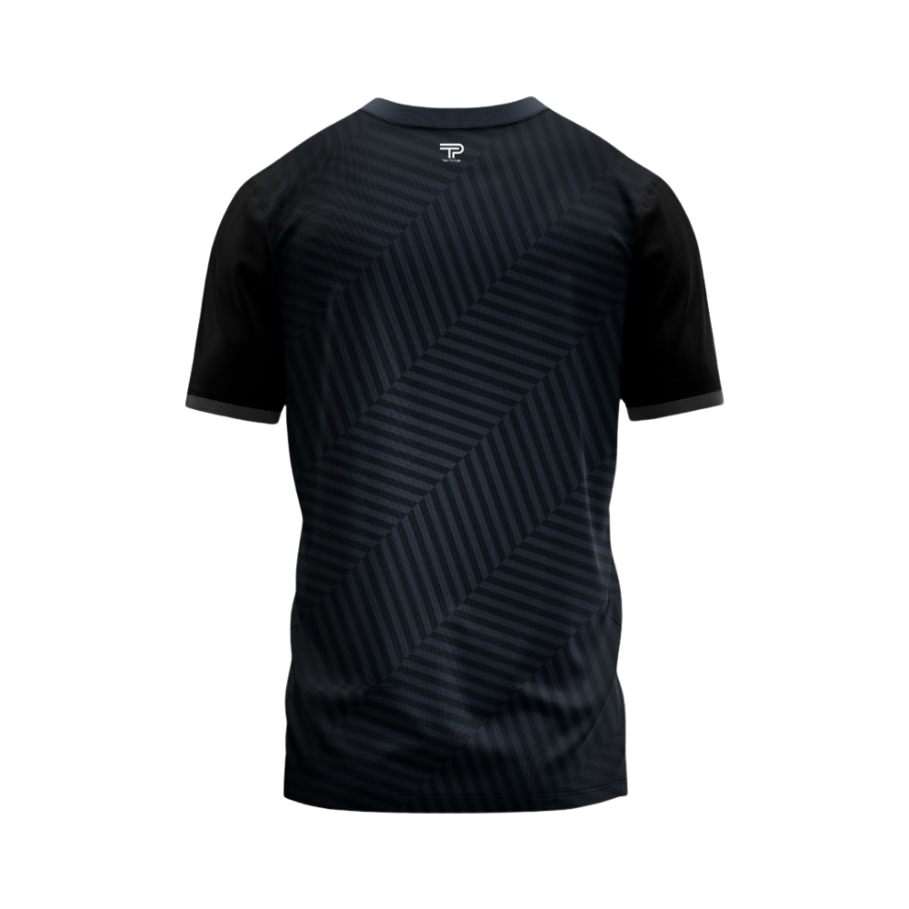 Black athletic shirt with geometric pattern on a white background