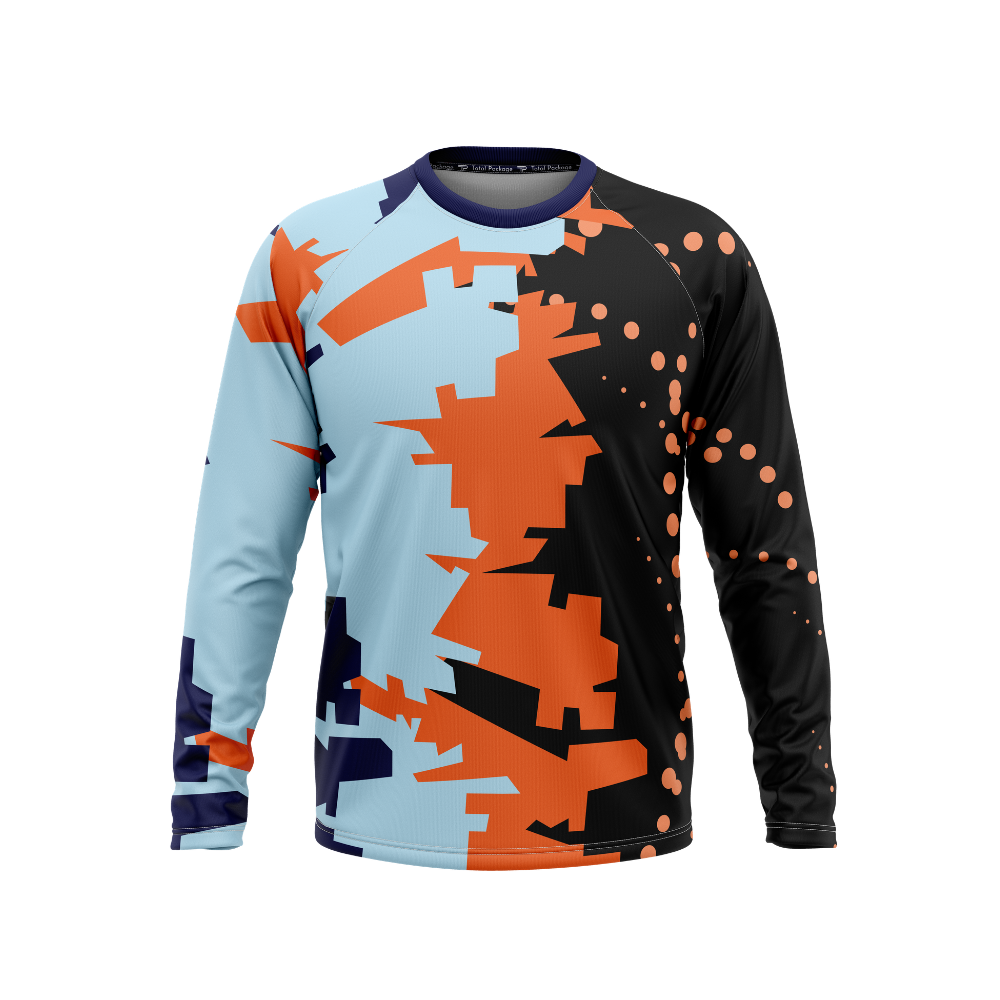 Long-sleeve shirt with a geometric pattern in orange, black, and blue on a white background