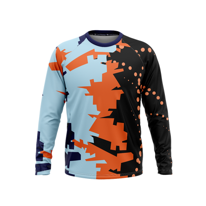 Long-sleeve shirt with a geometric pattern in orange, black, and blue on a white background