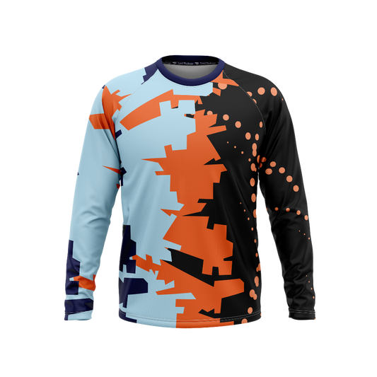 Long-sleeve shirt with a geometric pattern in orange, black, and blue on a white background