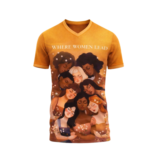 Yellow t-shirt with graphic of diverse women and 'Where Women Lead' text on a white background