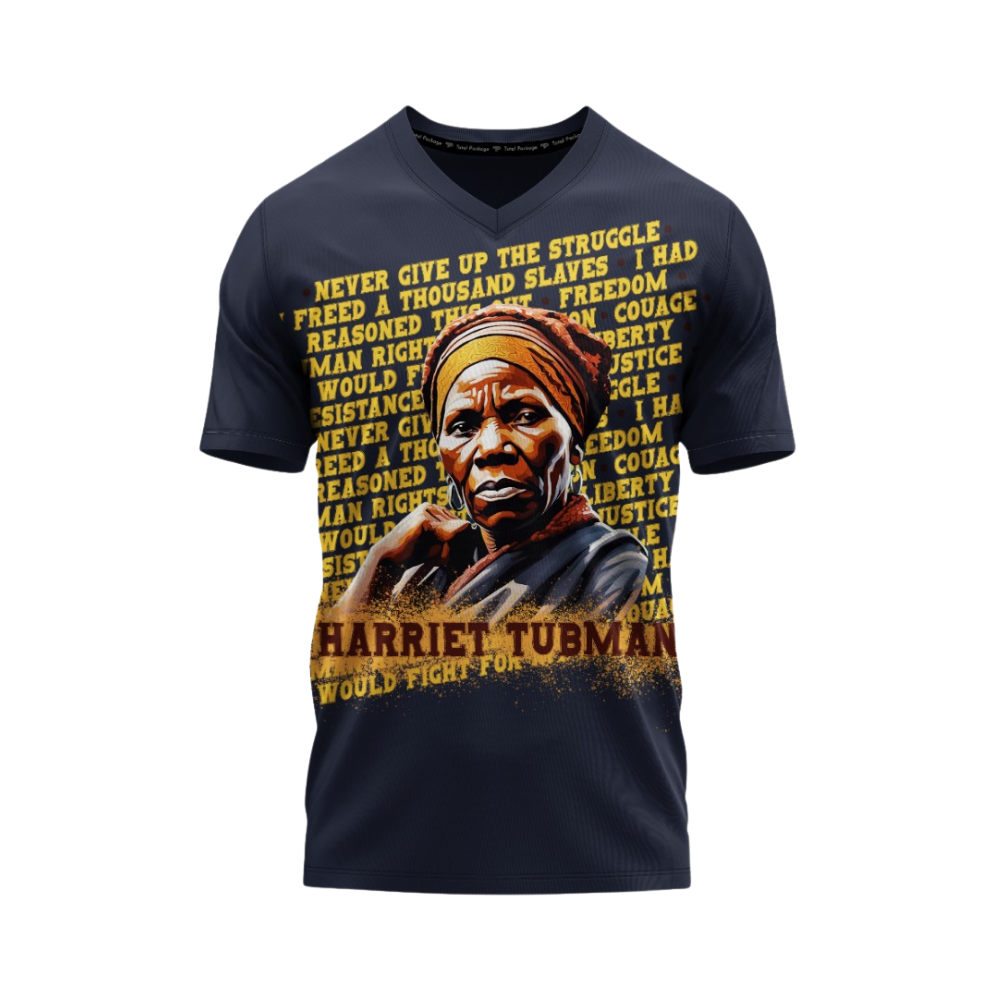 T-shirt with Harriet Tubman graphic and text on a white background