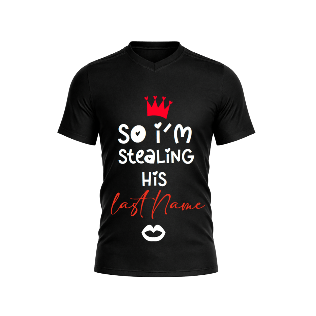 Black t-shirt with white and red text and graphics on a white background