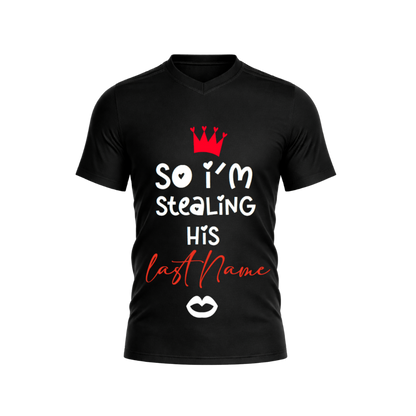 Black t-shirt with white and red text and graphics on a white background