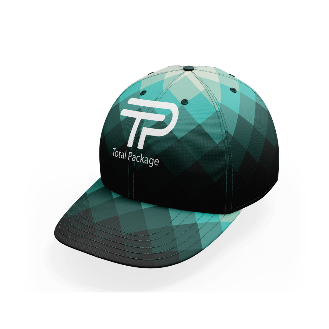 Teal and black checkered cap with 'Total Package' logo on a white background