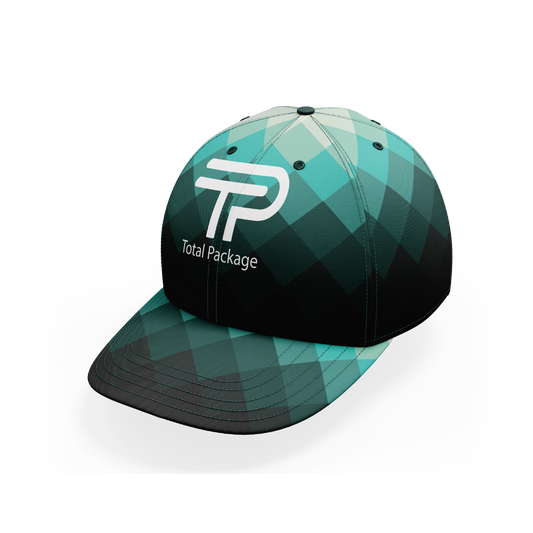 Teal and black checkered cap with 'Total Package' logo on a white background