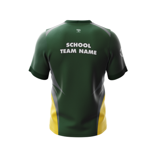 Back view of Green and Yellow Performance Athletic Jersey highlighting durable construction