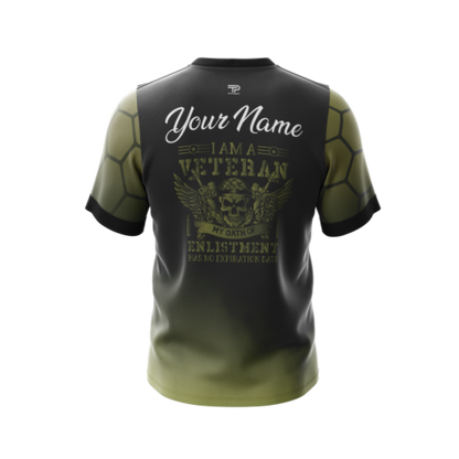 Back view of 'I am a Veteran' Bowling Jersey showcasing breathable fabric.