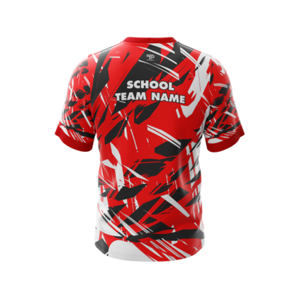 Back view of Men's Red Abstract Athletic Jersey highlighting durable construction