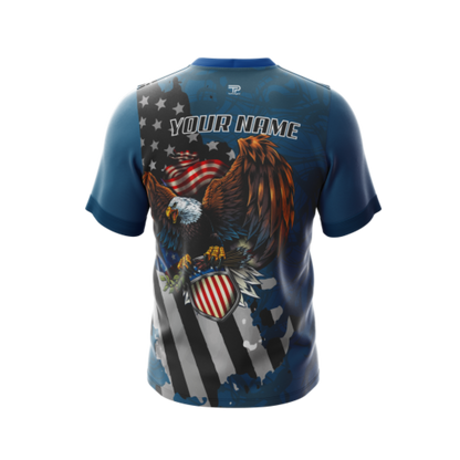 Back view of Military Blue Eagle Bowling Jersey showcasing stretch fit for smooth bowling movements.