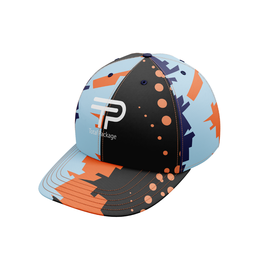 Colorful cap with geometric pattern and brand logo on a white background