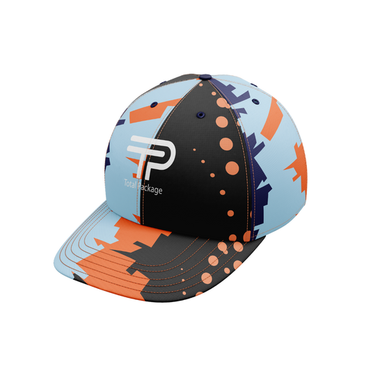 Colorful cap with geometric pattern and brand logo on a white background