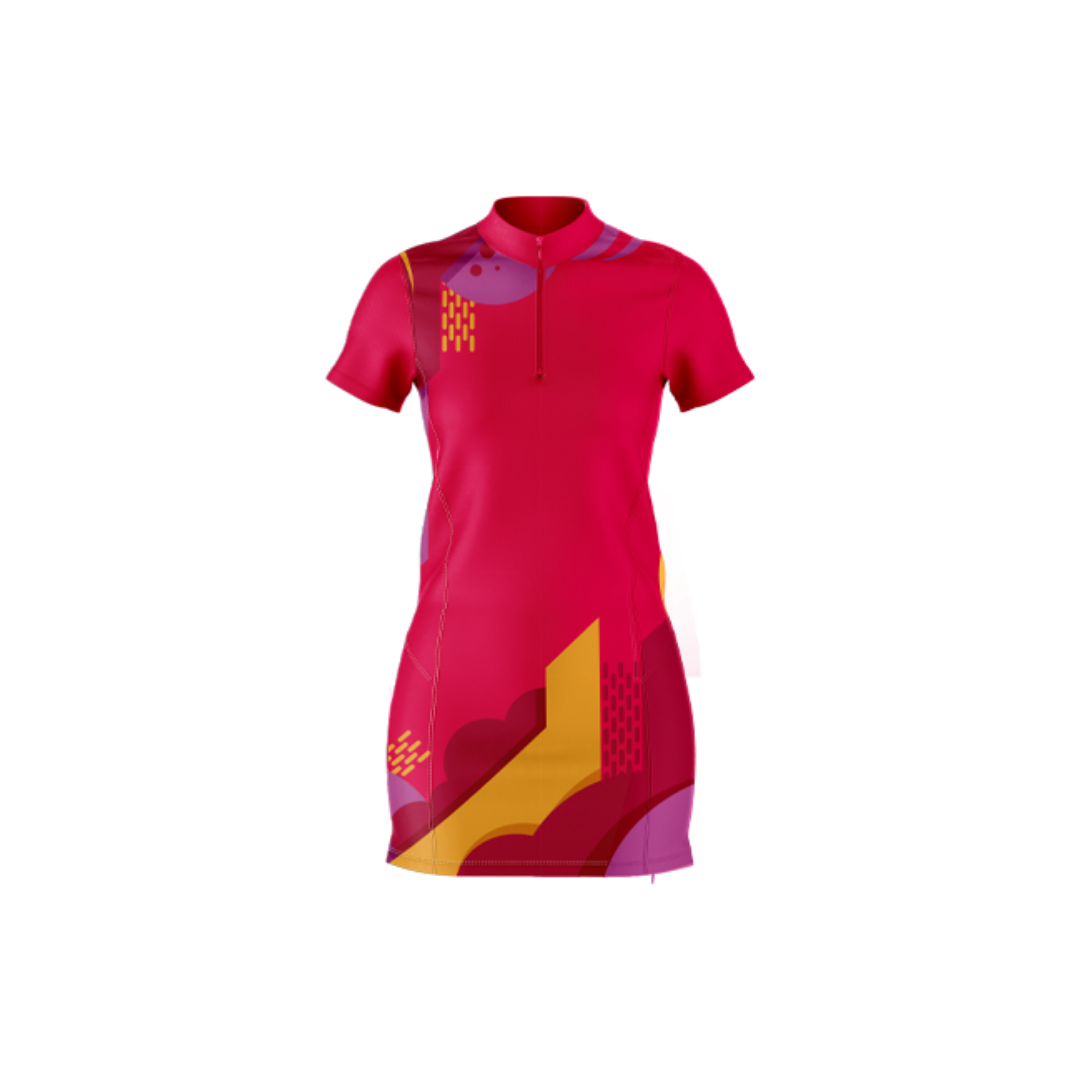 Red dress with geometric patterns on a white background