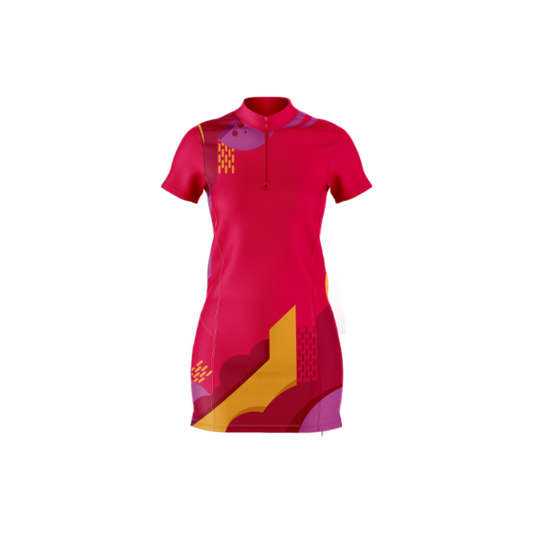 Red dress with geometric patterns on a white background