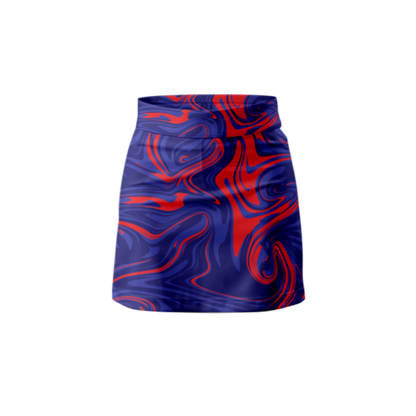 Front View – Blue Red Marble Skort with a bold, artistic design.