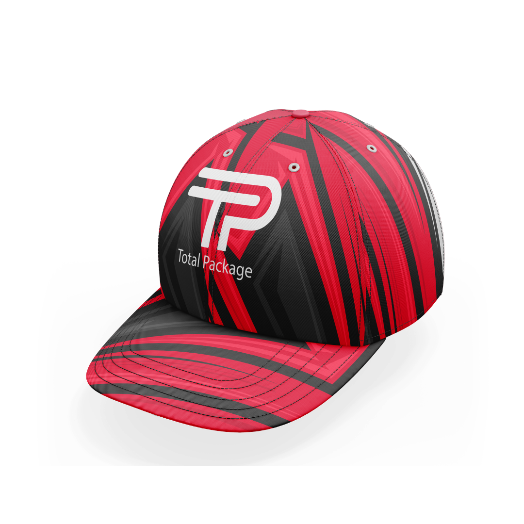 Red and black striped cap with 'Total Package' logo on a white background