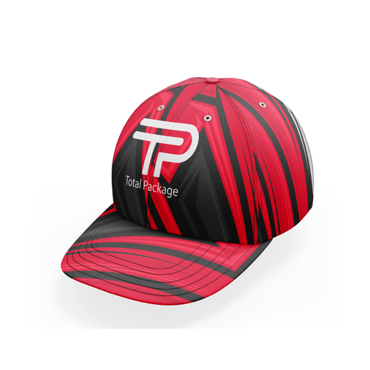 Red and black striped cap with 'Total Package' logo on a white background