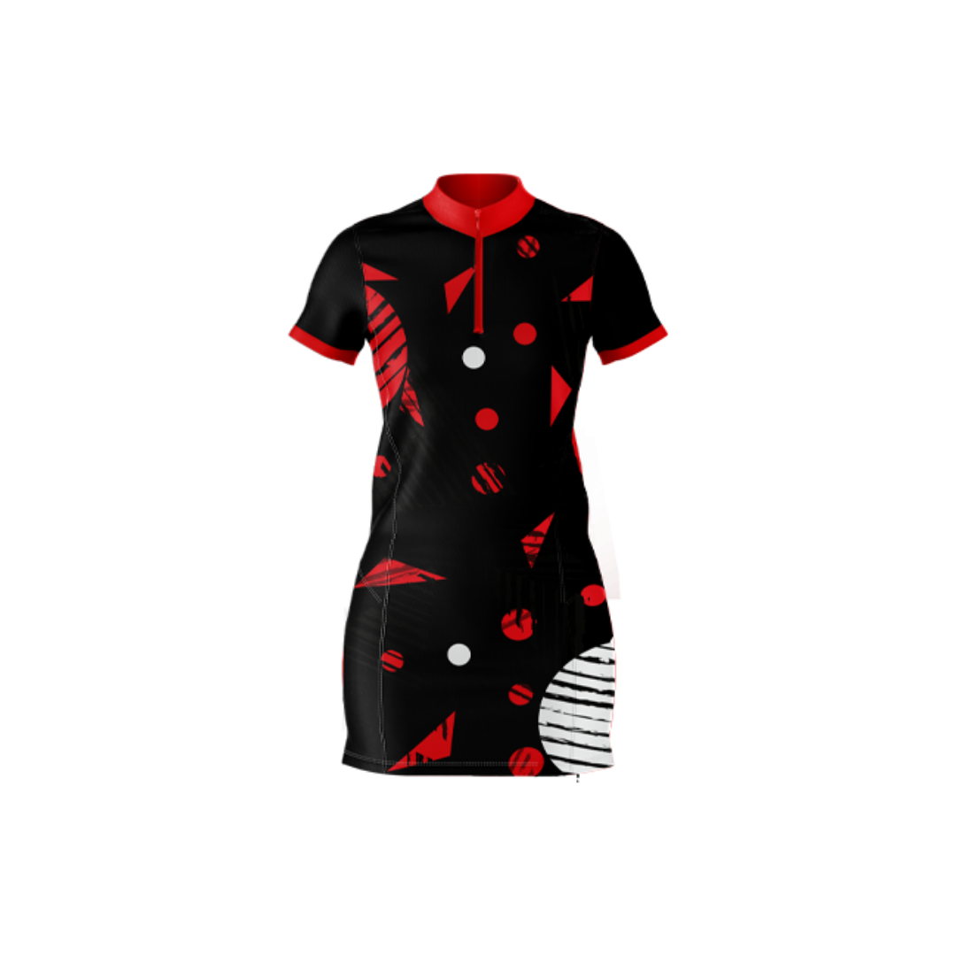 Black dress with red and white patterns on a white background