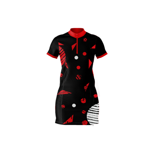 Black dress with red and white patterns on a white background