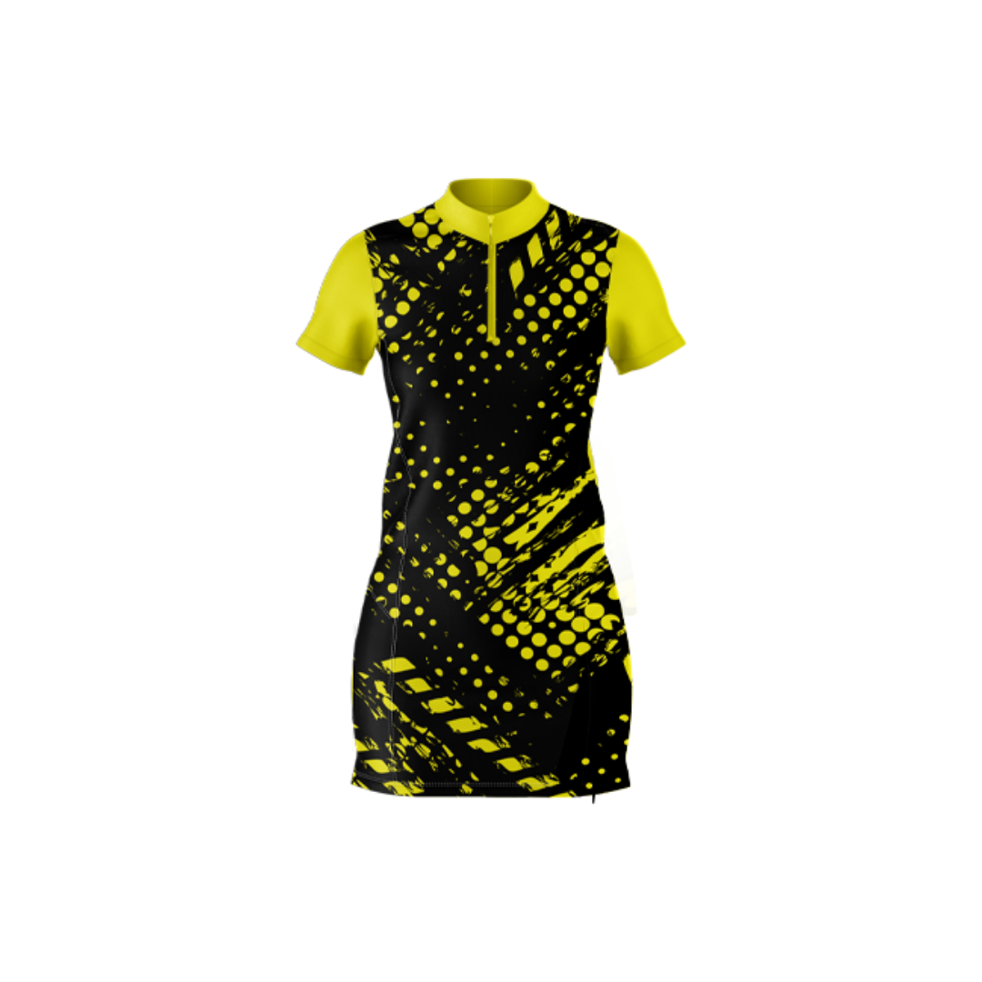 Black and yellow dress with a pattern on a white background