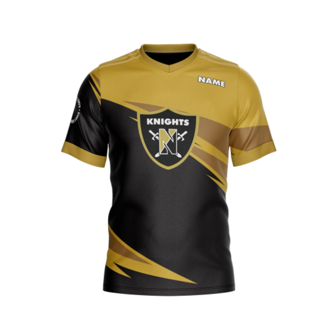 Front view of Gold & Black Bowling Jersey with moisture-wicking performance fabric.