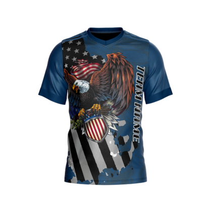 Front view of Military Blue Eagle Bowling Jersey highlighting moisture-wicking performance fabric.