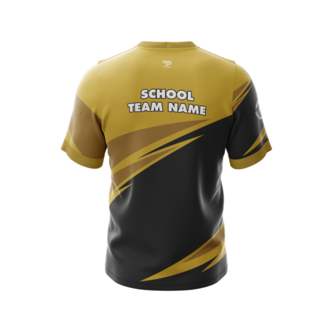 View of Gold & Black Bowling Jersey showcasing flexible stretch fit.