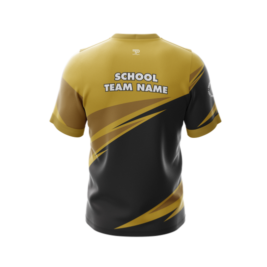View of Gold & Black Bowling Jersey showcasing flexible stretch fit.